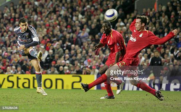 Sabrosa Simao of Benfica scores the opening goal during the last 16 2nd leg UEFA Champions League match between Liverpool and Benfica at Anfield on...
