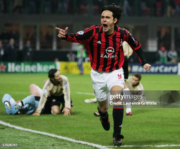 Filippo Inzaghi of AC Milan celebrates scoring during the First Knock-Out Round Second Leg match between AC Milan and Bayern Munich at the San Siro...