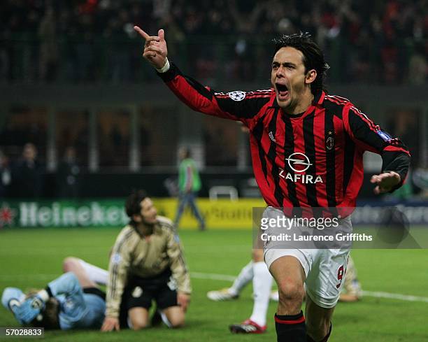 Filippo Inzaghi of AC Milan celebrates scoring during the First Knock-Out Round Second Leg match between AC Milan and Bayern Munich at the San Siro...