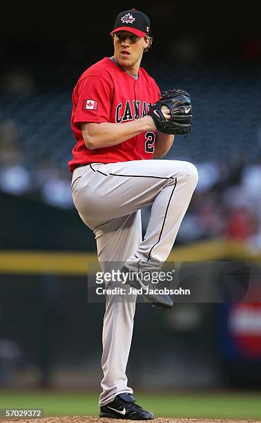 Starting pitcher Adam Loewen of Team Canada pitches against Team USA during the Round 1 Pool B Game of the World Baseball Classic on March 8, 2006 at...