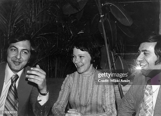 Rosalyn Carter, wife of American politician and Presidential candidate Jimmy Carter, campaigns in Massachusetts with Victor Politis on left and Mike...