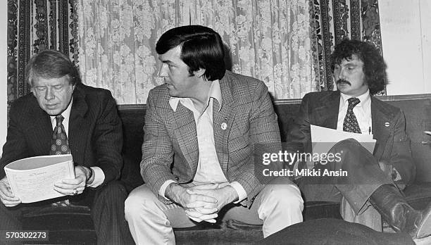 Presidential candidate Jimmy Carter consults with his staff in Boston, Massachusetts, 1976.