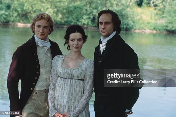 English actors Raymond Coulthard, Kate Beckinsale, and Mark Strong during production of the TV film adaptation of Jane Austen's 'Emma', circa 1996.