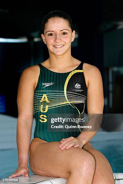 Australian diver Loudy Tourky poses wearing the new Australian Commonwealth Games swimming uniform at Monash Aquatic Centre March 09, 2006 in...