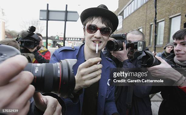 Babyshambles frontman Pete Doherty arrives at court, appearing on bail charged with possession of Class A and C drugs after being stopped by police...