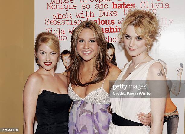 Actors Laura Ramsey , Amanda Bynes and Alex Breckenridge pose at the premiere of DreamWork's "She's the Man" at the Village Theater on March 8, 2006...