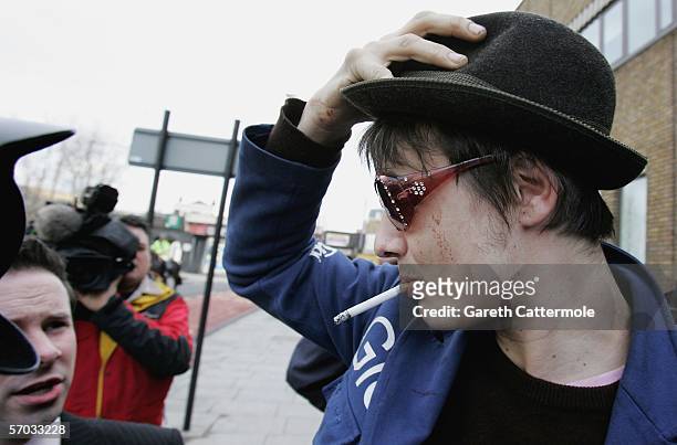 Babyshambles frontman Pete Doherty arrives at court on March 9, 2006 in London, England. Pete is appearing on bail charged with possession of Class A...