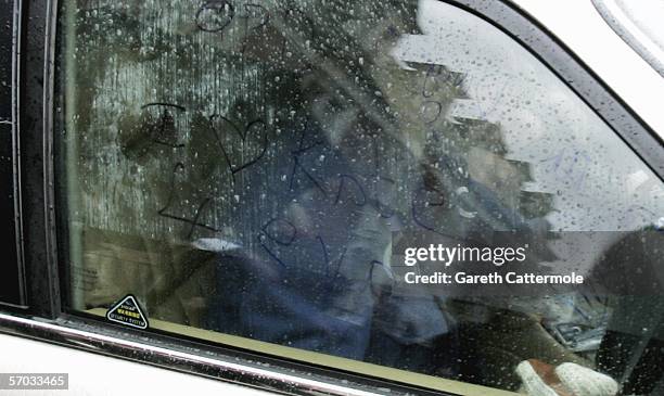 Babyshambles frontman Pete Doherty is seen driving away from court having written "I love Kate 4 ever" on the inside of his car window on March 9,...
