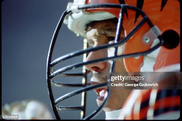Offensive lineman Anthony Munoz of the Cincinnati Bengals on the sideline during a game against the Pittsburgh Steelers at Three Rivers Stadium circa...