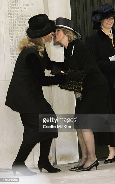 Princess Michael of Kent greets Camilla, Duchess of Cornwall at the second memorial service for Lord Lichfield, Royal photographer and cousin of The...