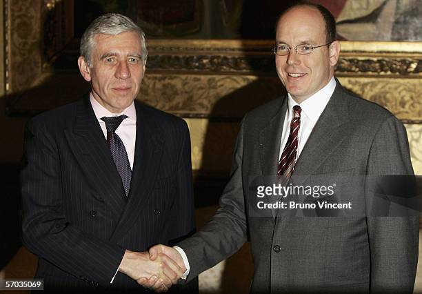 Prince Albert of Monaco shakes hands with British Foreign Secretary, Jack Straw at the Foreign and Commonwealth office on March 9, 2006 in London.