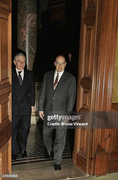 Prince Albert of Monaco walks with British Foreign Secretary, Jack Straw through the Foreign and Commonwealth office on March 9, 2006 in London.