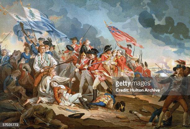 British military forces reach the top of Breed's Hill where they clash with colonial militia during the Battle of Bunker Hill in an illustration...