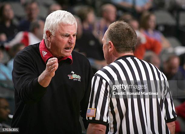 Head coach, Bobby Knight, of the Texas Tech Red Raiders speaks to a referee during the first round of the Phillips 66 Big 12 Men's Basketball...