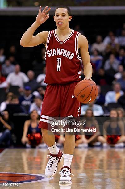 Mitch Johnson of the Stanford Cardinal calls a play during the second half of the game against the Arizona Wildcats in the quarterfinals of the 2006...