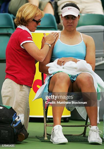 Alexandra Stevenson is tended to during her match against Ivana Lisjak of Croatia during the Pacific Life Open, part of the Sony Ericsson Tour...
