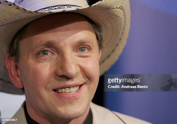Drummer Olli Dittrich smiles during a press conference at the theatre Deutsches Schauspielhaus on March 9, 2006 in Hamburg, Germany. The country band...