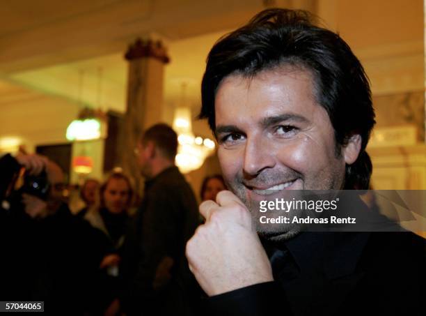 Singer Thomas Anders smiles after the German elimination round for the Eurovision Song contest at the theatre Deutsches Schauspielhaus on March 9,...