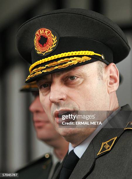 Picture taken 02 March 2006, shows Kosovo Protection Corps Agim Ceku talking to the press, after his meeting with United Mission in Kosovo chief...