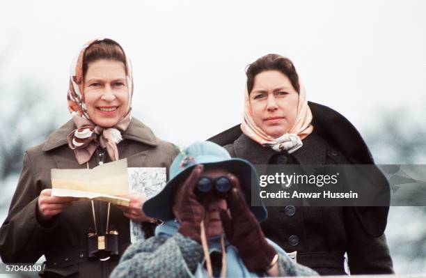 Queen Elizabeth II with The Queen Mother and Princess Margaret at the Badminton Horse Trials, Badminton, Gloustershire, England between the 15th-18th...