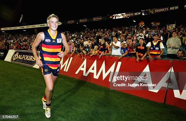 Bernie Vince of the crows after winning the NAB Cup semi final match between the Adelaide Crows and the Melbourne Demons at AAMI Stadium March 10,...