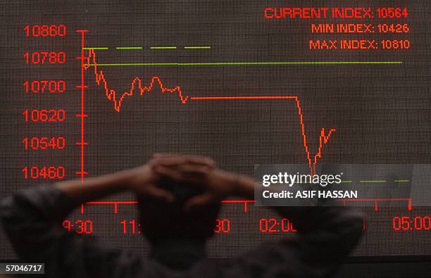 Pakistani stockbroker watches an index chart at The Karachi Stock Exchange in Karachi, 10 March 2006. For the week ended on 10 March, the benchmark...