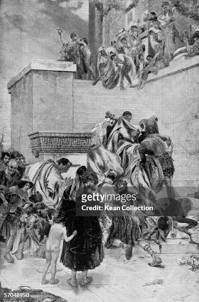 Engraving depicting Roman Emperor Nero who receives the dead body of his mother, Roman matron Agrippina the younger , 1800s or 1900s. The corpse of...