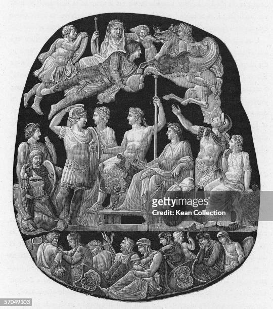 Engraving of a cameo depicting the 23 year reign of Roman Emperor Tiberius , which shows himself and the imperial family as Gods on Mount Olympus,...