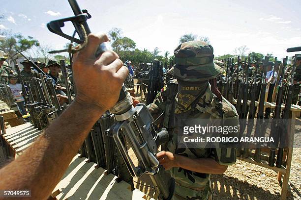 Member of the Colombian United Self -Defense right-wing paramilitary guerrillas hands over his weapon during the demobilization ceremony 10 March,...