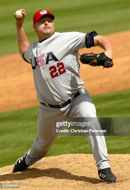 Starting pitcher Roger Clemens of Team USA pitches against Team South Africa during the Round 1 Pool B Game of the World Baseball Classic at...