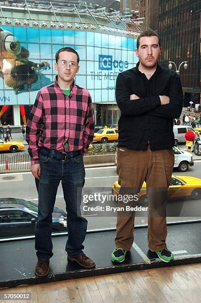 Joe Goddard and Alexis Taylor of the band Hot Chip pose for a photo backstage following a taping for MTV2's Subterranean at the MTV Times Square...