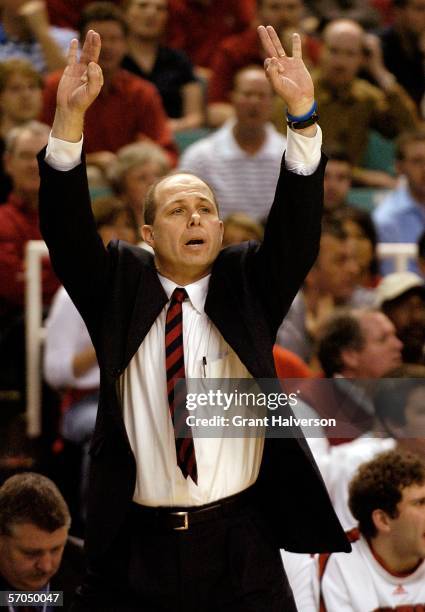 Coach Herb Sendek of the North Carolina State Wolfpack reacts during a 82-71 loss to the Wake Forest Demon Deacons during the quarterfinals of the...