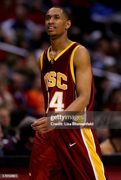 Gabriel Pruitt of the USC Trojans walks across the court in the second half of the game against the California Golden Bears during the quarterfinals...