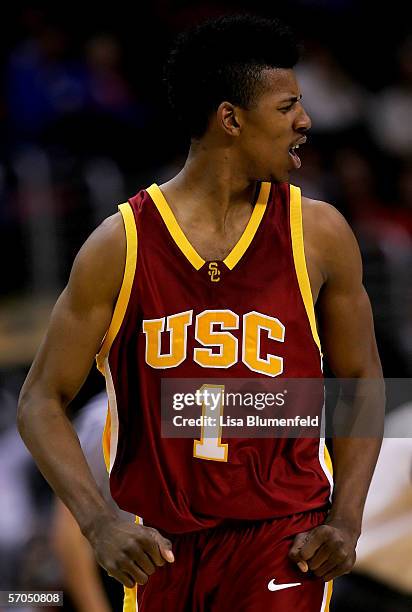 Nick Young of the USC Trojans reacts in the second half of the game against the California Golden Bears during the quarterfinals of the 2006 Pacific...