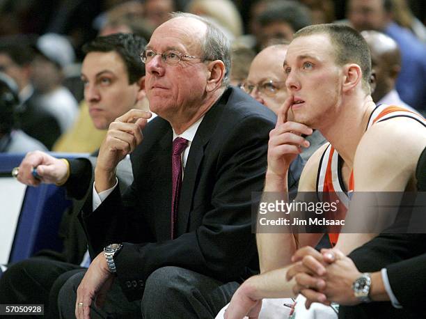 Head coach Jim Boeheim and Gerry McNamara of the Syracuse Orange look on from the bench during the semifinals of the Big East Men's Basketball...