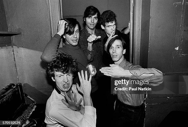 Portrait of American Rock group the Fleshtones as they pose in a doorway, backstage at Tuts, Chicago, Illinois, September 23, 1983. Pictured are,...