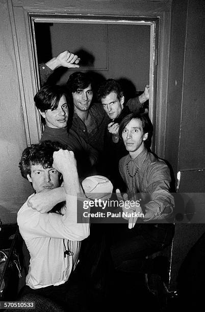 Portrait of American Rock group the Fleshtones as they pose in a doorway, backstage at Tuts, Chicago, Illinois, September 23, 1983. Pictured are,...