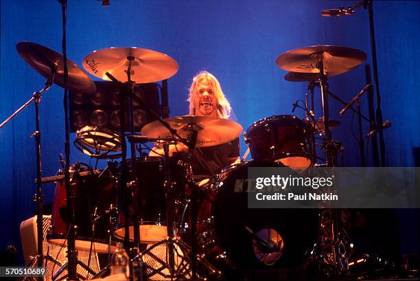 American Rock musician Taylor Hawkins, of the band Foo Fighters, plays drums as he performs at the Riviera Theater, Chicago, Illinois, December 15,...