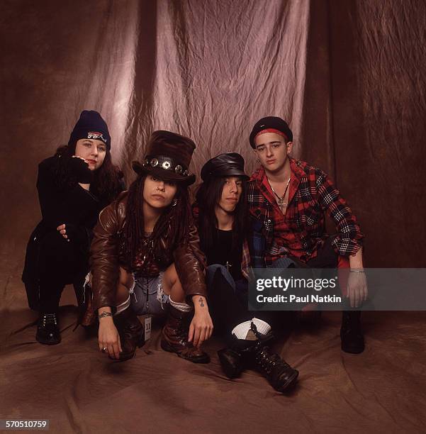 Studio portrait of American Rock group Four Non Blondes, Chicago, Illinois, March 3, 1993. Pictured are, from left, Dawn Richardson, Linda Perry,...