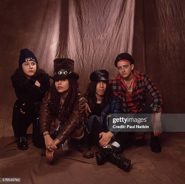 Studio portrait of American Rock group Four Non Blondes, Chicago, Illinois, March 3, 1993. Pictured are, from left, Dawn Richardson, Linda Perry,...