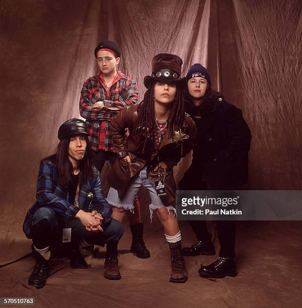 Studio portrait of American Rock group Four Non Blondes, Chicago, Illinois, March 3, 1993. Pictured are, from left, Roger Rocha, Christa Hillhouse,...