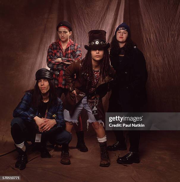 Studio portrait of American Rock group Four Non Blondes, Chicago, Illinois, March 3, 1993. Pictured are, from left, Roger Rocha, Christa Hillhouse,...