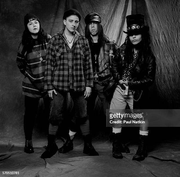 Studio portrait of American Rock group Four Non Blondes, Chicago, Illinois, March 3, 1993. Pictured are, from left, Dawn Richardson, Christa...