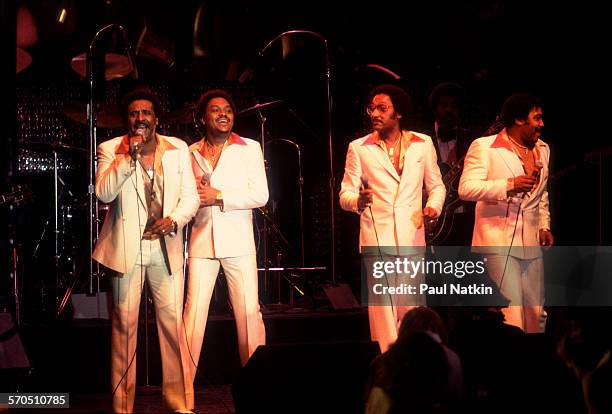 American vocal group the Four Tops perform onstage at the Park West, Chicago, Illinois, March 28, 1981. Pictured are, from left, Levi Stubbs ,...