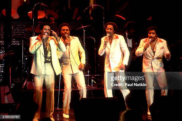 American vocal group the Four Tops perform onstage at the Park West, Chicago, Illinois, March 28, 1981. Pictured are, from left, Levi Stubbs ,...