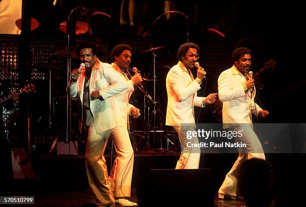 American vocal group the Four Tops perform onstage at the Park West, Chicago, Illinois, March 28, 1981. Pictured are, from left, Levi Stubbs ,...