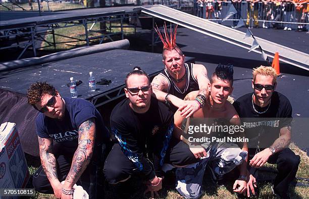 Portrait of American Nu Metal band From Zero as they pose together at the World Music Theater, Tinley Park, Illinois, May 2001.