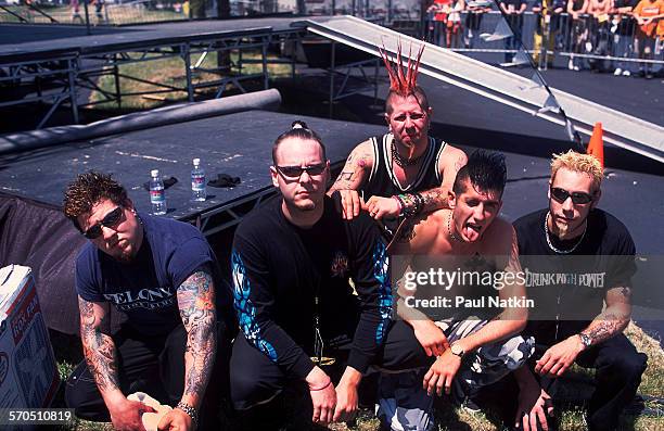 Portrait of American Nu Metal band From Zero as they pose together at the World Music Theater, Tinley Park, Illinois, May 2001.