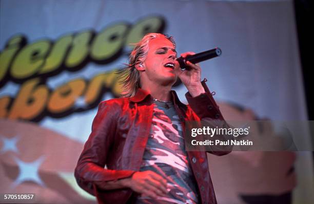 American Rock musician Brett Scallions, of the group Fuel, performs onstage at the World Music Theater, Tinley Park, Illinois, May 30, 2001.