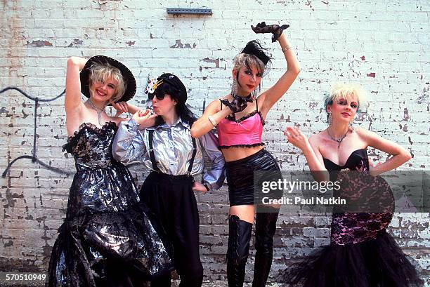 Portrait of British Pop-Punk group We've Got a Fuzzbox and We're Gonna Use It as they pose in front of a brick wall, Chicago, Illinois, June 7, 1987....